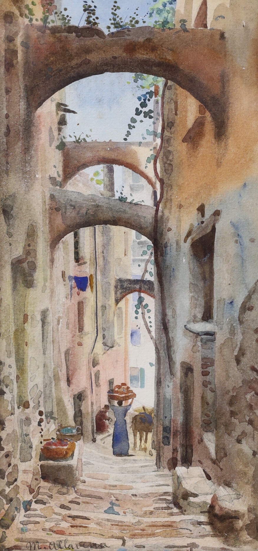 Michele Allavena (1863-1963), pair of watercolours, Neapolitan street scenes, signed, 25 x 12cm